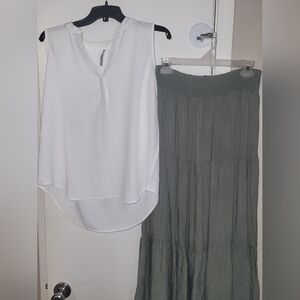All White Sleeveless Blouse w. Elegant Olive Green Maxi Skirt